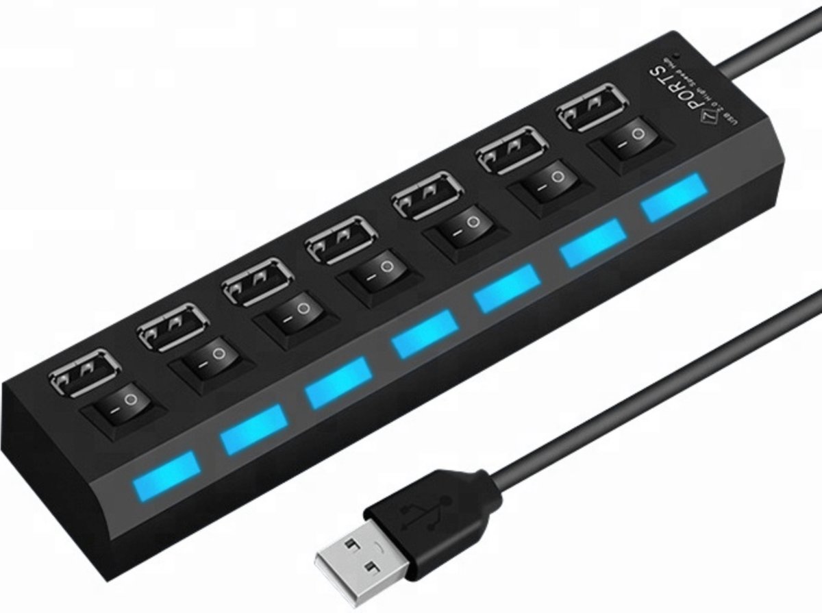 USB 2.0 Hub 7 poorten met aan/uit schakelaar en LED 480 Mbps Zwart