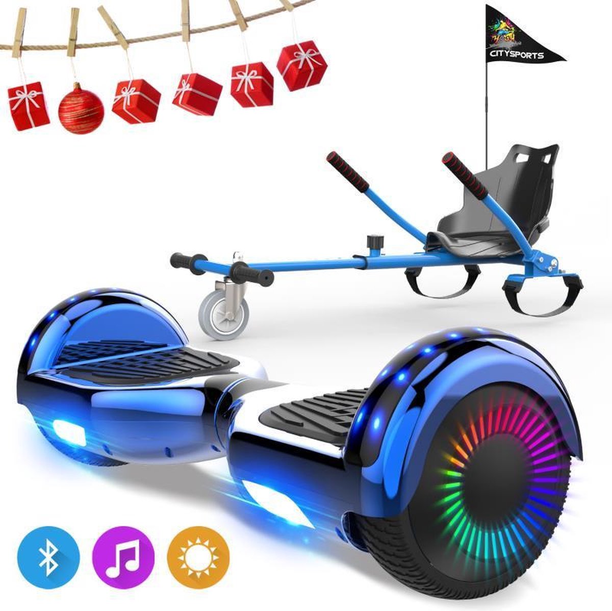 Evercross 6.5 inch Hoverboard met Flits Wielen, Elektrische Zelfbalancerende Scooter + TAOTAO moederbord,Bluetooth Speaker,LED verlichting - Blauw Chroom + Hoverkart Blauw