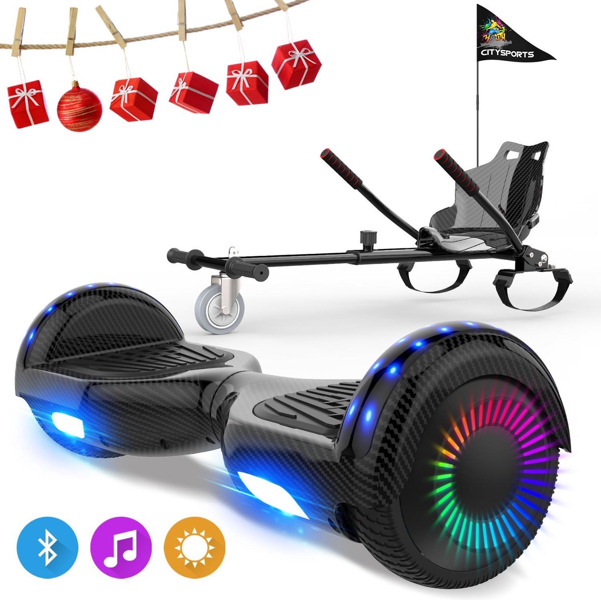 Evercross 6.5 inch Hoverboard met Flits Wielen, Elektrische Zelfbalancerende Scooter + TAOTAO moederbord,Bluetooth Speaker,LED verlichting - Koolzwart + Hoverkart Koolzwart