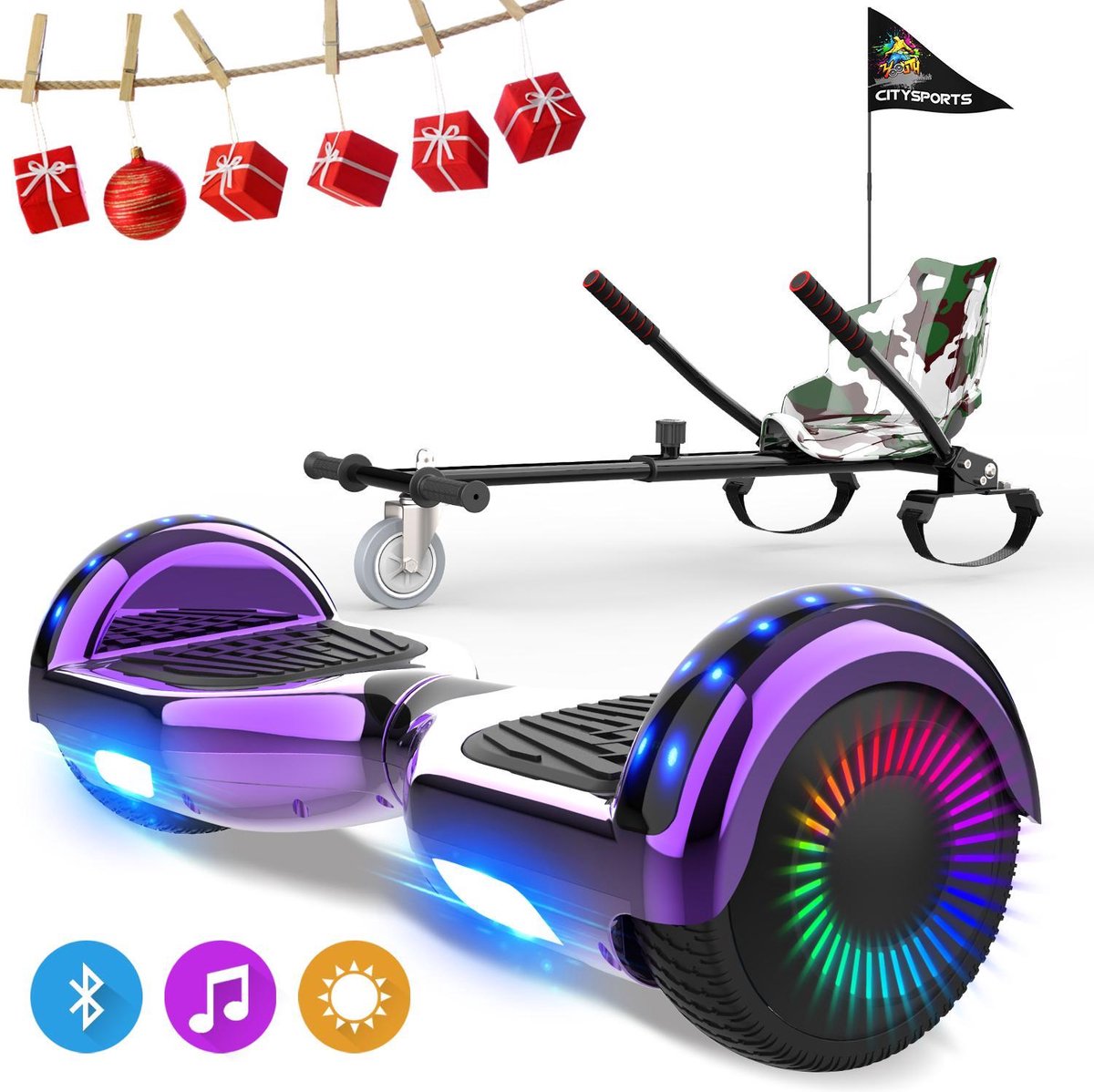 Evercross 6.5 inch Hoverboard met Flits Wielen, Elektrische Zelfbalancerende Scooter + TAOTAO moederbord,Bluetooth Speaker,LED verlichting - Paars Chroom + Hoverkart Camouflage