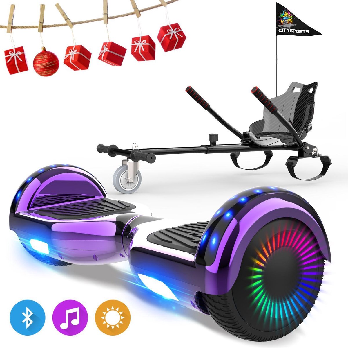 Evercross 6.5 inch Hoverboard met Flits Wielen, Elektrische Zelfbalancerende Scooter + TAOTAO moederbord,Bluetooth Speaker,LED verlichting - Paars Chroom + Hoverkart Koolzwart