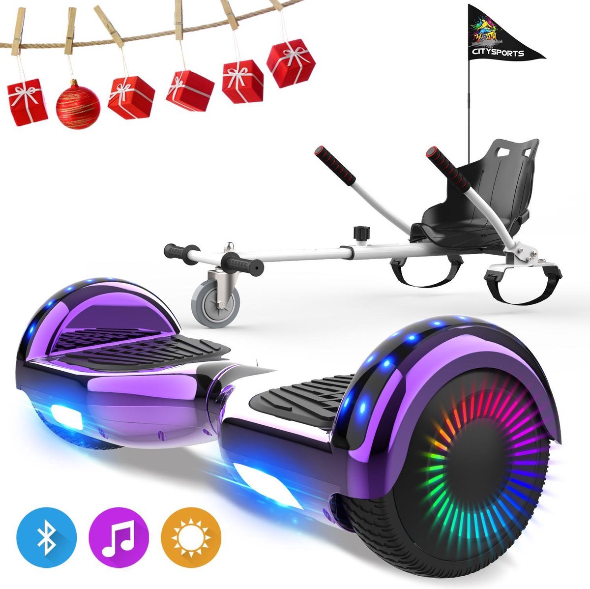 Evercross 6.5 inch Hoverboard met Flits Wielen, Elektrische Zelfbalancerende Scooter + TAOTAO moederbord,Bluetooth Speaker,LED verlichting - Paars Chroom + Hoverkart Wit