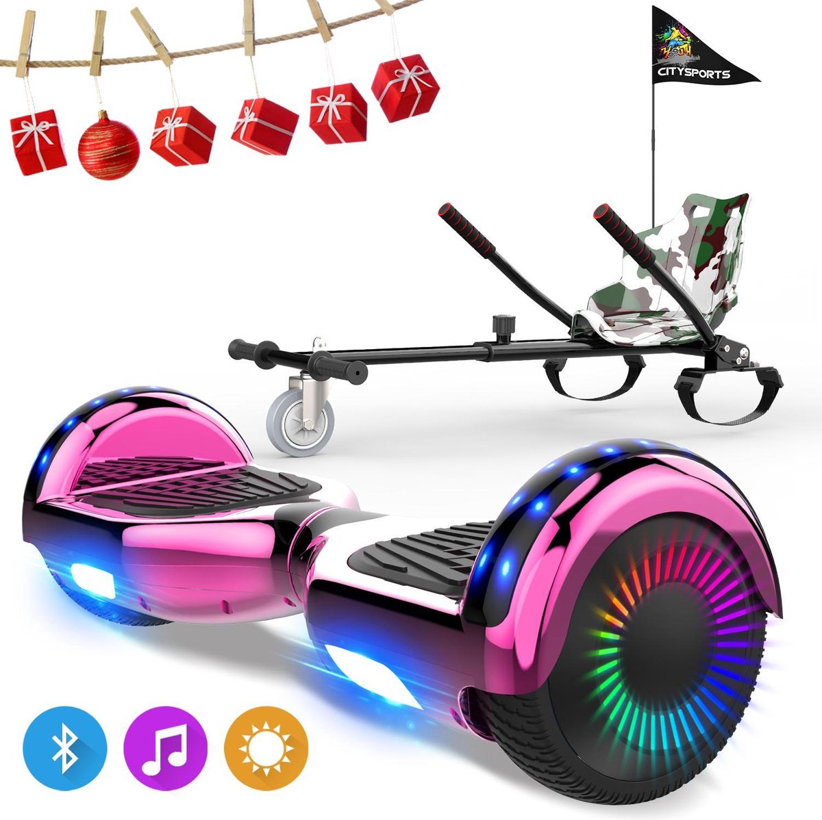 Evercross 6.5 inch Hoverboard met Flits Wielen, Elektrische Zelfbalancerende Scooter + TAOTAO moederbord,Bluetooth Speaker,LED verlichting - Roze Chroom + Hoverkart Camouflage