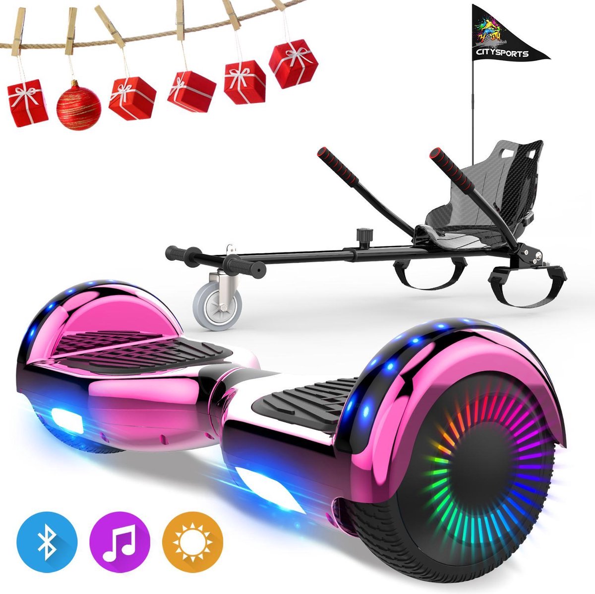 Evercross 6.5 inch Hoverboard met Flits Wielen, Elektrische Zelfbalancerende Scooter + TAOTAO moederbord,Bluetooth Speaker,LED verlichting - Roze Chroom + Hoverkart Koolzwart