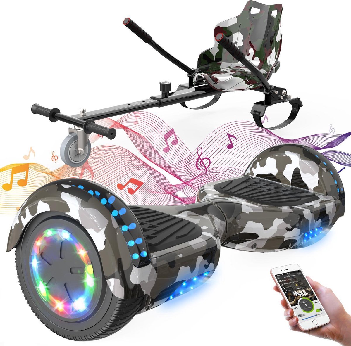 Evercross 6.5 inch Hoverboard met Flits Wielen + TAOTAO moederbord, Elektrische Zelfbalancerende Scooter,Bluetooth Speaker,LED verlichting - Camouflage + Hoverkart Camouflage