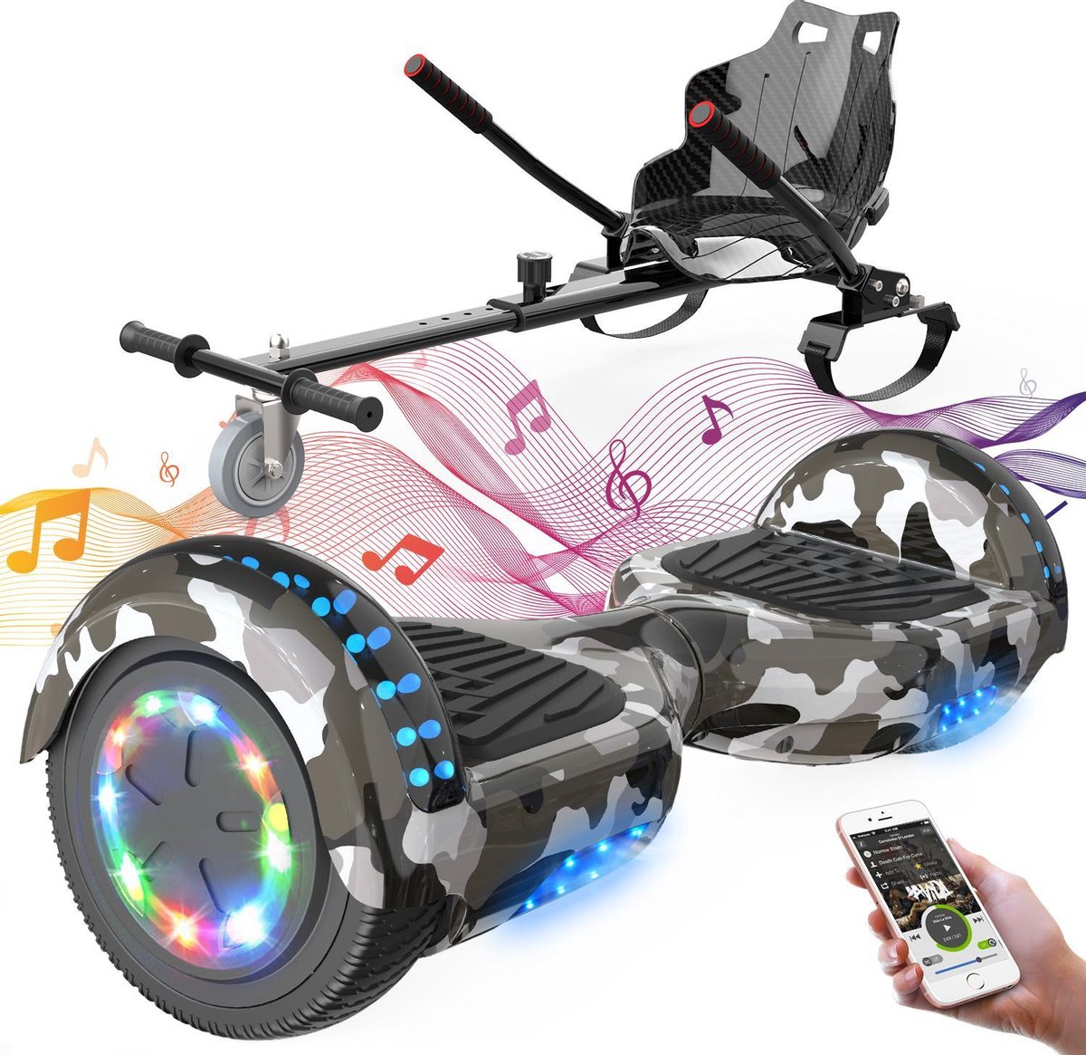 Evercross 6.5 inch Hoverboard met Flits Wielen + TAOTAO moederbord, Elektrische Zelfbalancerende Scooter,Bluetooth Speaker,LED verlichting - Camouflage + Hoverkart Zwart