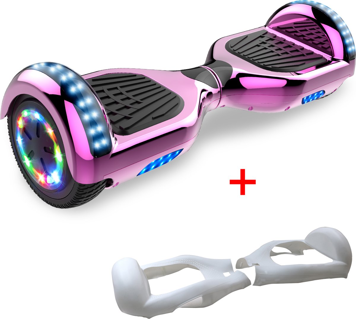 Evercross 6.5 inch Hoverboard met Flits Wielen + TAOTAO moederbord, Elektrische Zelfbalancerende Scooter,Bluetooth Speaker,LED verlichting - Roze Chroom + Gratis Beschermhoes Enkelzijdig Wit