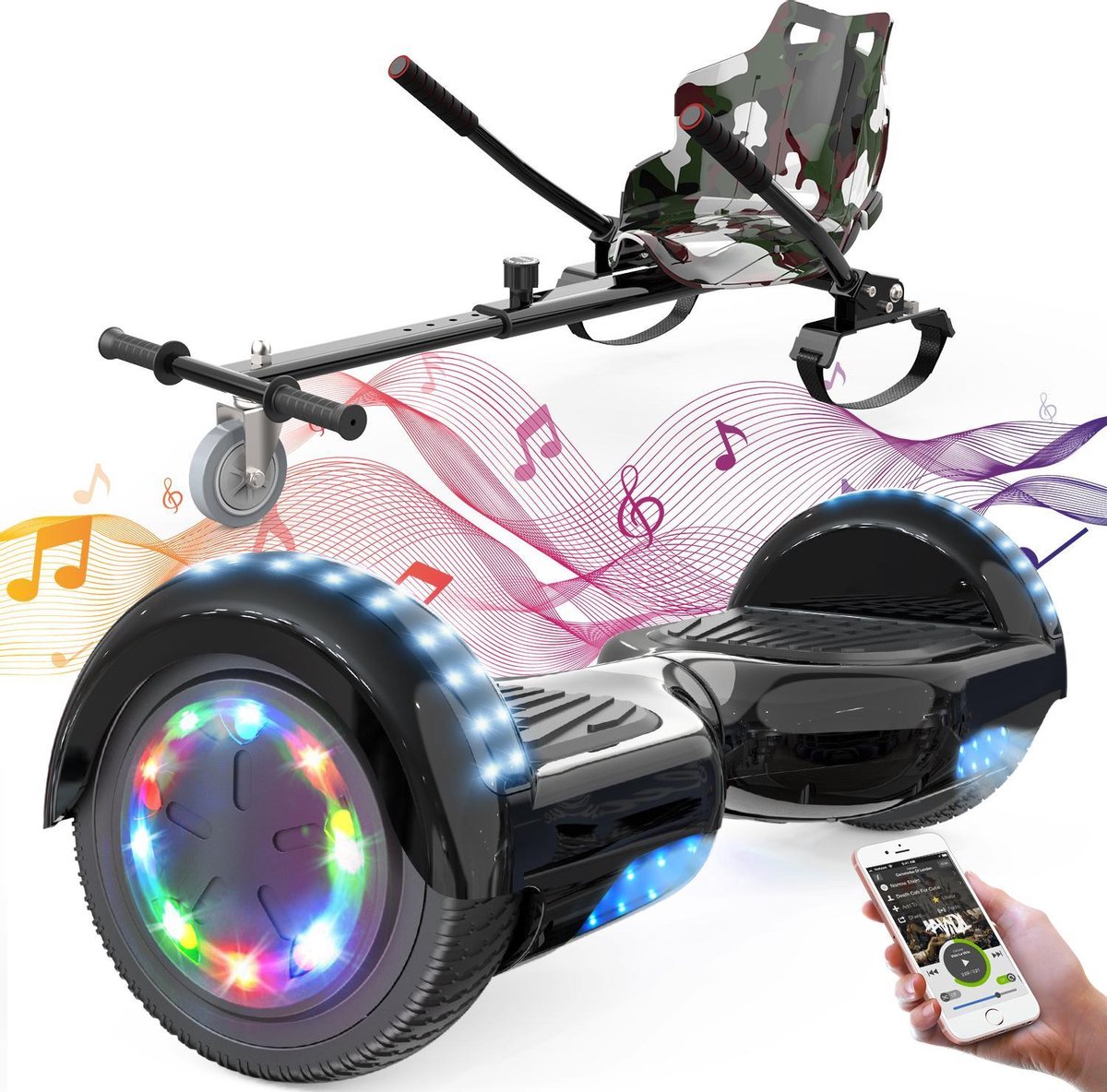 Evercross 6.5 inch Hoverboard met Flits Wielen + TAOTAO moederbord, Elektrische Zelfbalancerende Scooter,Bluetooth Speaker,LED verlichting - Zwart + Hoverkart Camouflage