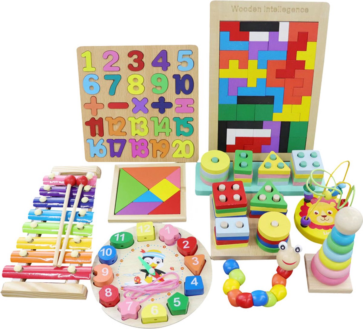 EverGoods 10-in-1 Montessori Speelgoed Set - Houten Speelgoed – Montessori – Educatief Speelgoed – Houten Blokken – Sensorisch Speelgoed – Kinderspeelgoed – Houten puzzel – Spelend Leren