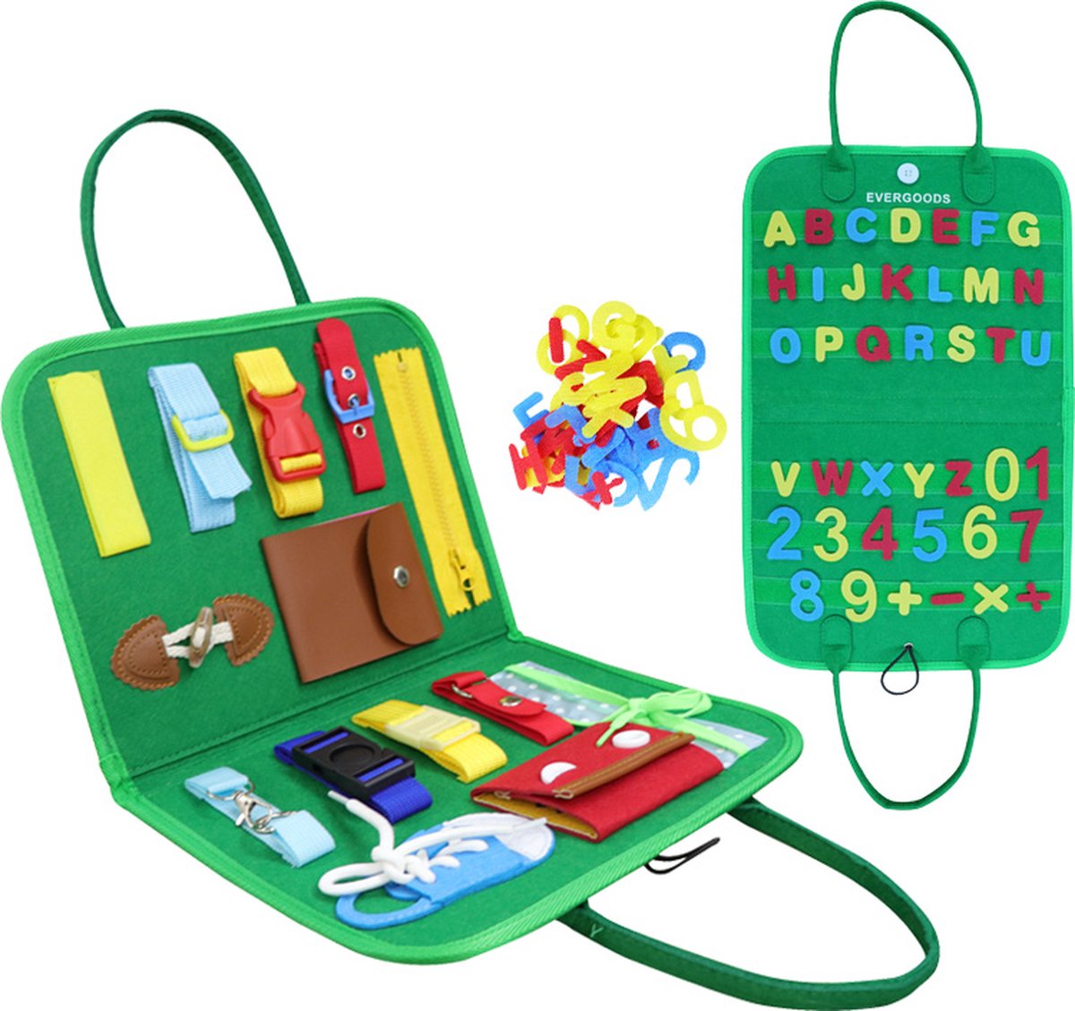 EverGoods Montessori Speelgoed - Busy Board - Montessori - Activiteitenbord - Motoriek Speelgoed - Kinderspeelgoed - Inclusief Letters/Getallen - Sensorisch Speelgoed - Groen