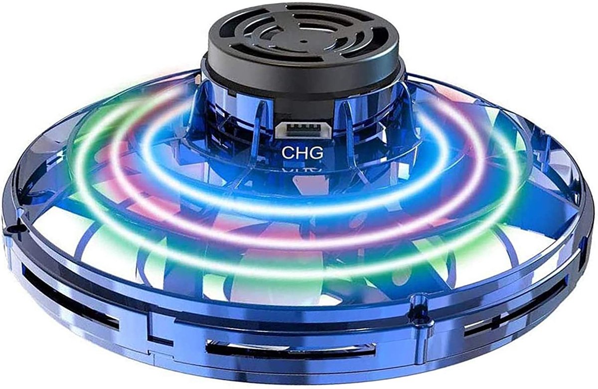 ExclusiveDeals - Vliegend speelgoed voor volwassenen en kinderen, USB-oplaadbaar, handbediende mini-ufodronespinner met 360° roterende en glanzende RGB-ledlampjes (blauw)