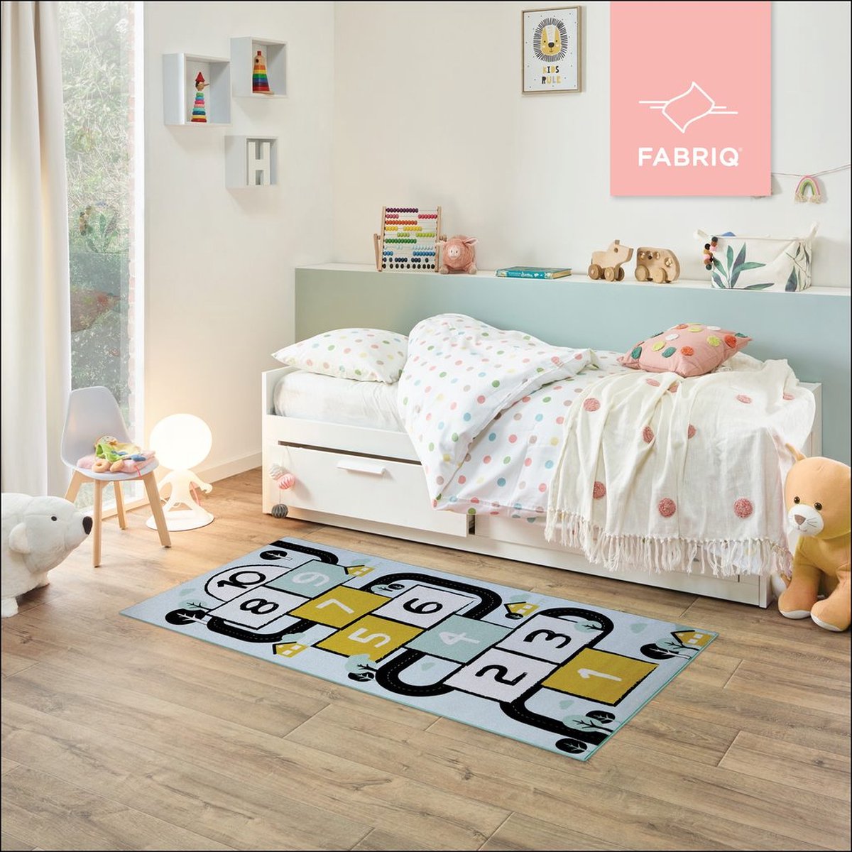 Fabriq Anti-Slip speeltapijt, Kindertapijt voor Slaapkamer, Kinderkamer & Speelkamer, Jongen & Meisje, 30°C Wasbaar, 95x200cm, Hopscotch ring road