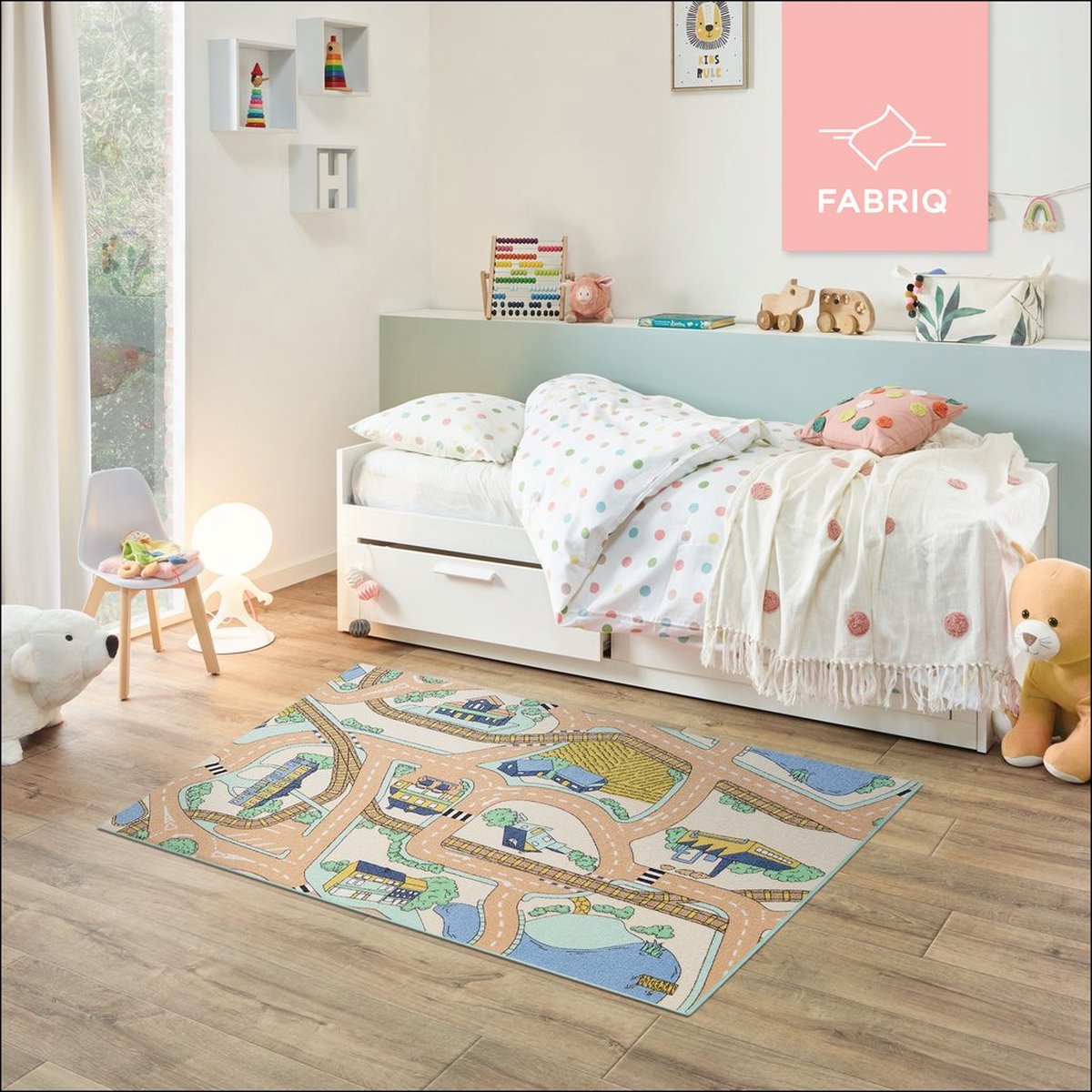 Fabriq Anti-Slip speeltapijt Straat, Kindertapijt voor Slaapkamer, Kinderkamer & Speelkamer, Jongen & Meisje, 30°C Wasbaar, 140x200cm, Desert Mist