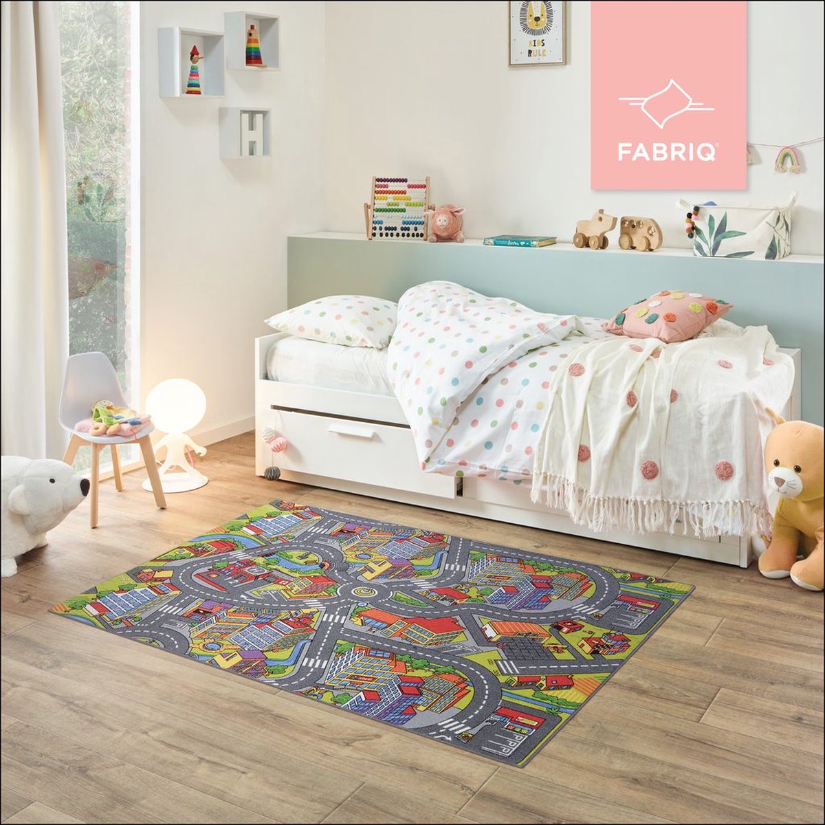 Fabriq Anti-Slip speeltapijt Straat, Kindertapijt voor Slaapkamer, Kinderkamer & Speelkamer, Jongen & Meisje, 30°C Wasbaar, 140x200cm, Smart City