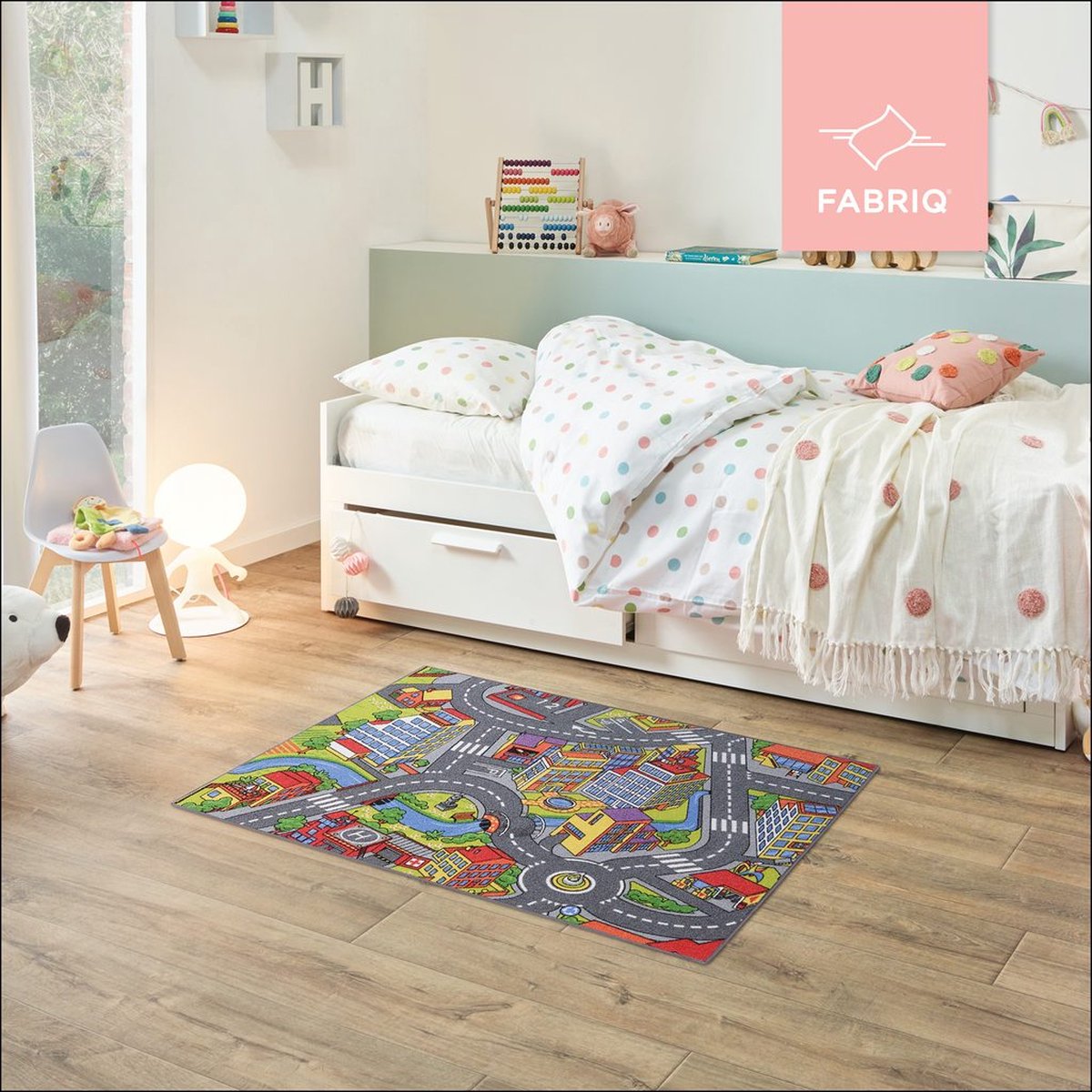 Fabriq Anti-Slip speeltapijt Straat, Kindertapijt voor Slaapkamer, Kinderkamer & Speelkamer, Jongen & Meisje, 30°C Wasbaar, 95x133cm, Smart City