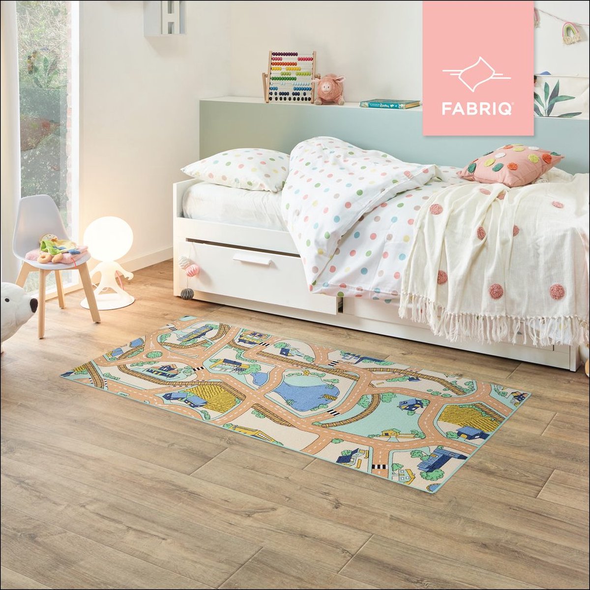 Fabriq Anti-Slip speeltapijt Straat, Kindertapijt voor Slaapkamer, Kinderkamer & Speelkamer, Jongen & Meisje, 30°C Wasbaar, 95x200cm, Desert Mist