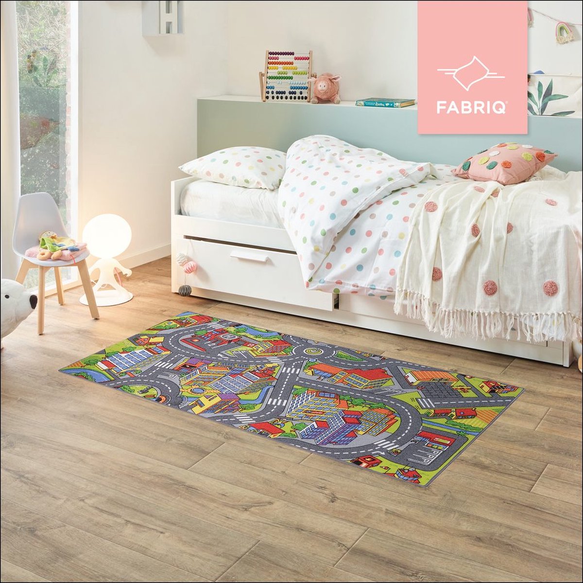 Fabriq Anti-Slip speeltapijt Straat, Kindertapijt voor Slaapkamer, Kinderkamer & Speelkamer, Jongen & Meisje, 30°C Wasbaar, 95x200cm, Smart City