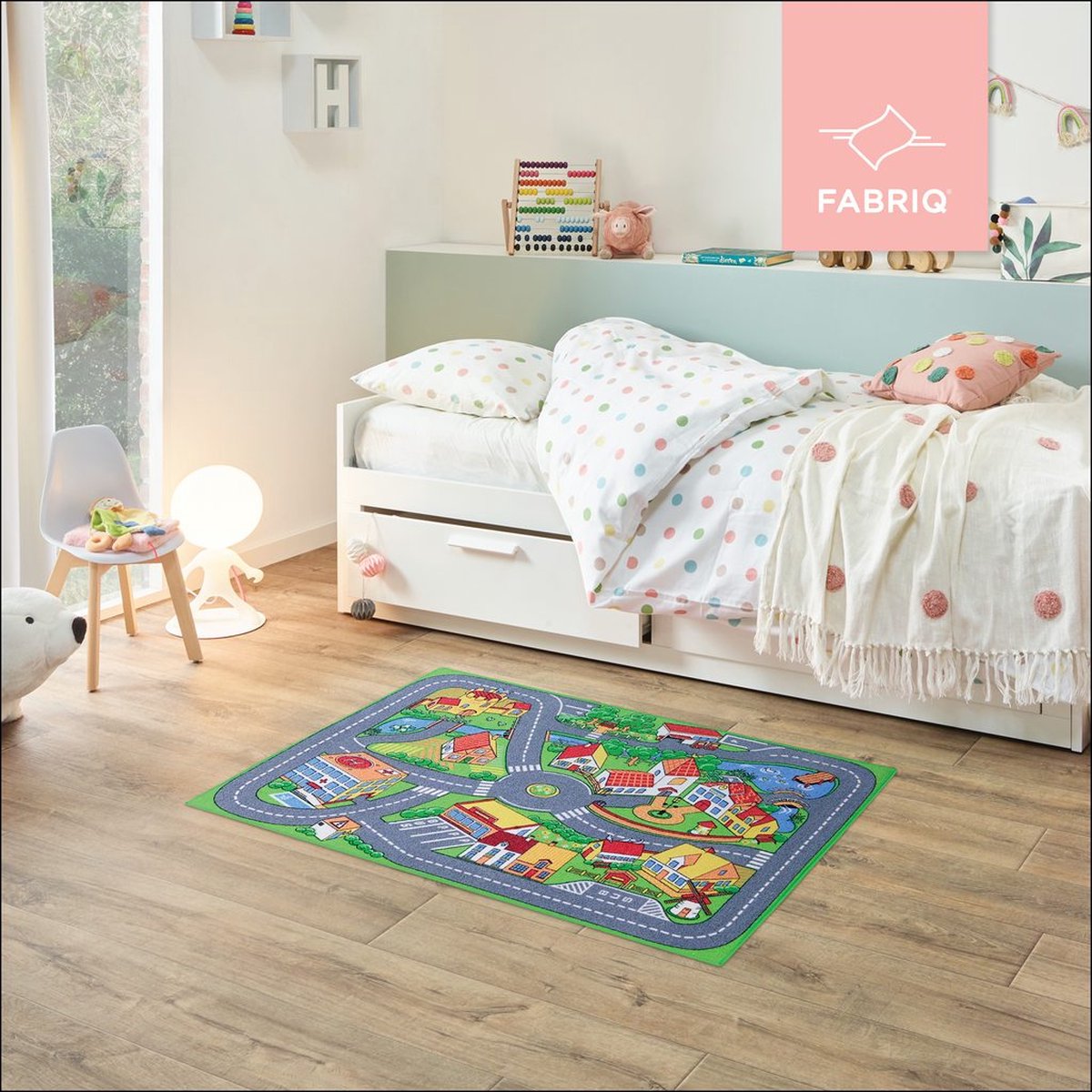 Fabriq Anti-Slip speeltapijt Straat, Kindertapijt voor Slaapkamer, Kinderkamer & Speelkamer, Meisje, 30°C Wasbaar, 95x133cm, Quiet town