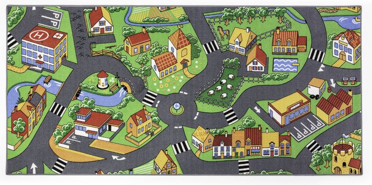 REBEL ROADS Anti-Slip Speelkleed Auto, Kindertapijt voor Slaapkamer voor Jongen & Meisje, Kinderkamer & Speelkamer, 30°C Wasbaar, 140x200cm, Village Life