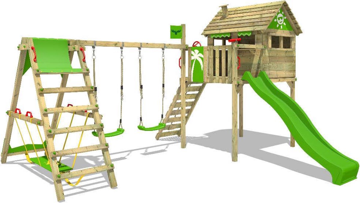 FATMOOSE Speeltoestel voor tuin FunFactory met schommel, SurfSwing en appelgroene glijbaan, Houten speeltuig, Speelhuis voor buiten met klimladder voor kinderen