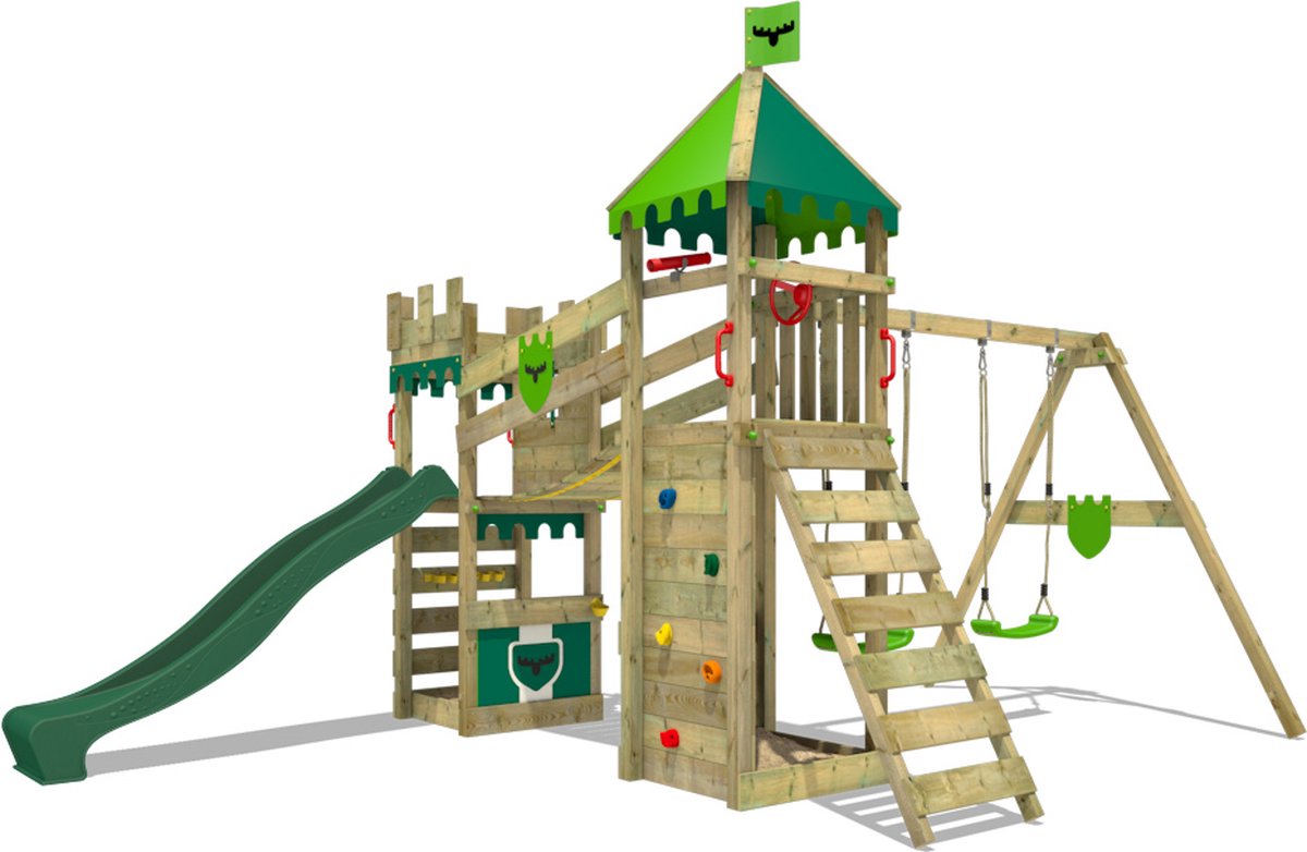 FATMOOSE speeltoestel Ridderkasteel RiverRun Royal met schommel en groene glijbaan, outdoor kinderklimtoren met zandbak, ladder & speelaccessoires voor de tuin