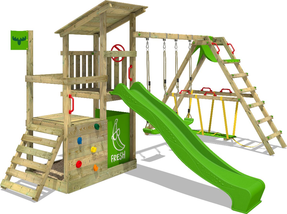   speeltoestel klimtoestel FruityForest Fun XXL met surfaanbouw, schommel en appelgroene glijbaan, outdoor kinderspeeltoestel met zandbak, ladder & speelaccessoires voor de tuin