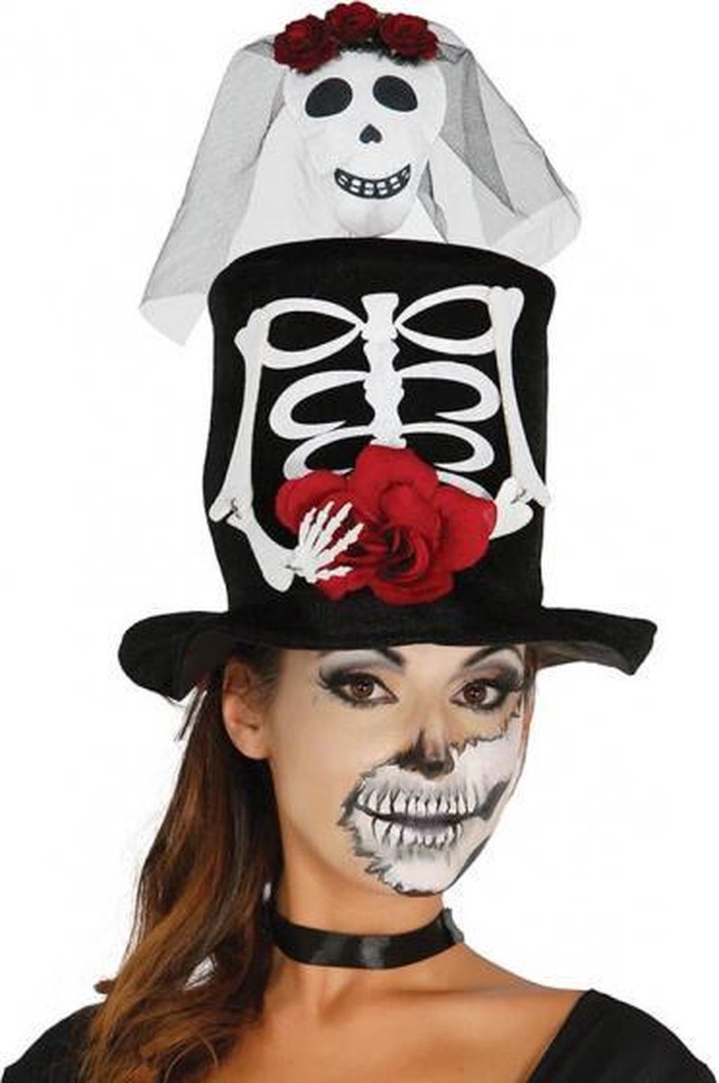 hoed D√≠a de los Muertos dames polyester zwart/wit