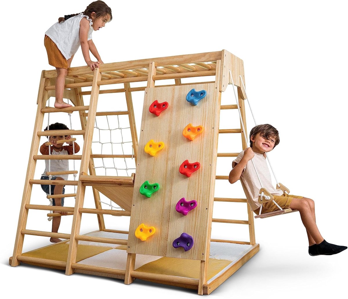   7-in-1 Multifunctioneel houten klimrek - Opvouwbare Driehoek + Klimboog + Helling met  /Glijbaan - Pikler - Montessori Meubels Houten Speelgym