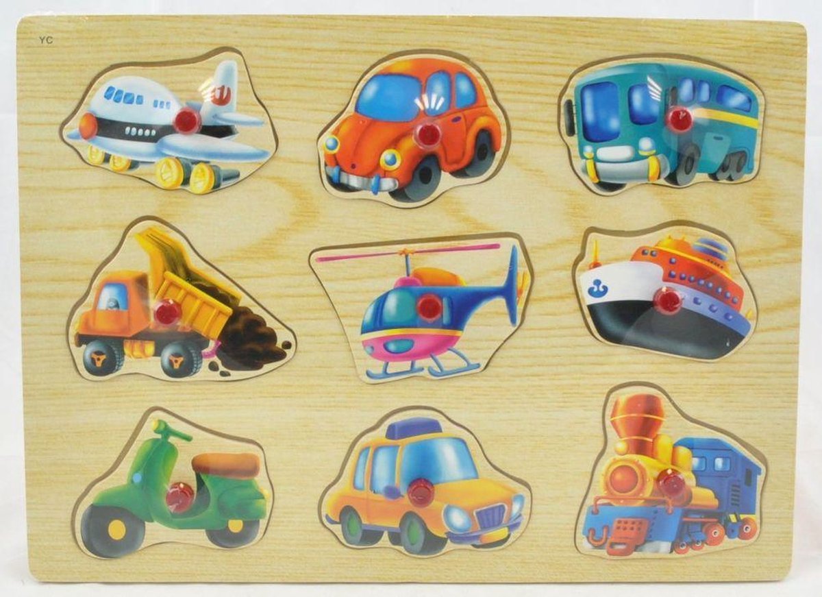 wood puzzle , hout, 9 stukjes , voertuigen