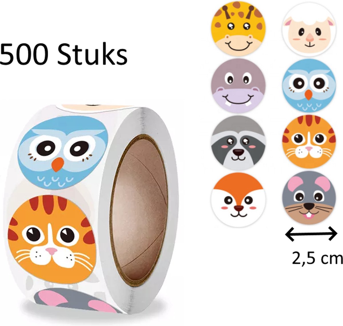 FISKA - 500 Stickers Dieren Gezicht Op Een Rol - 2,5cm - Stickers Dieren Gezicht - Label Dieren - Beloningsstickers - Stickers Kinderen