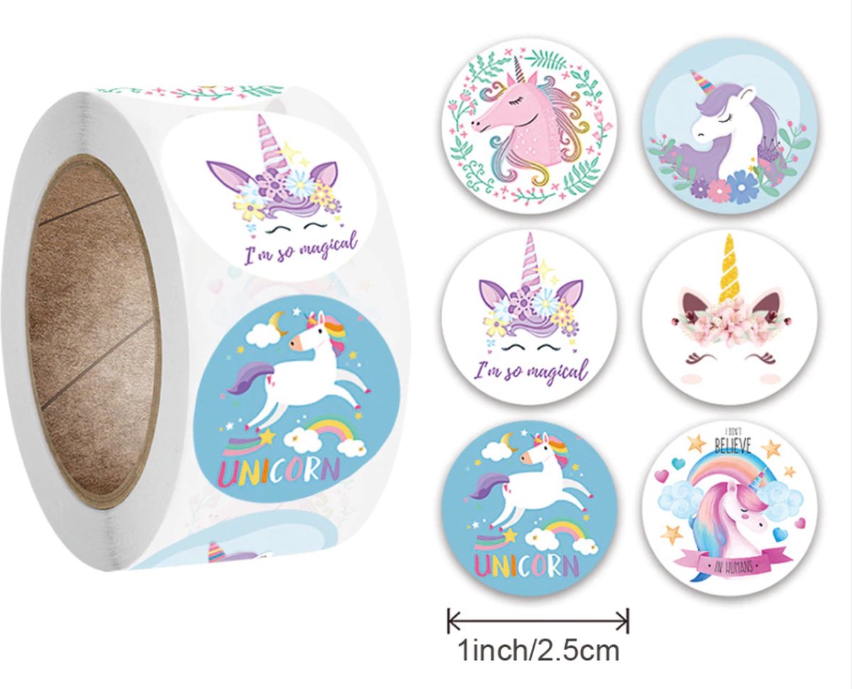 FISKA - 500 Stickers Eenhoorn Op Een Rol - 2,5cm - Stickers Unicorn - Label Eenhoorn - Stickers Dieren - Stickers Kinderen - Sluitsticker - Sluitzegel