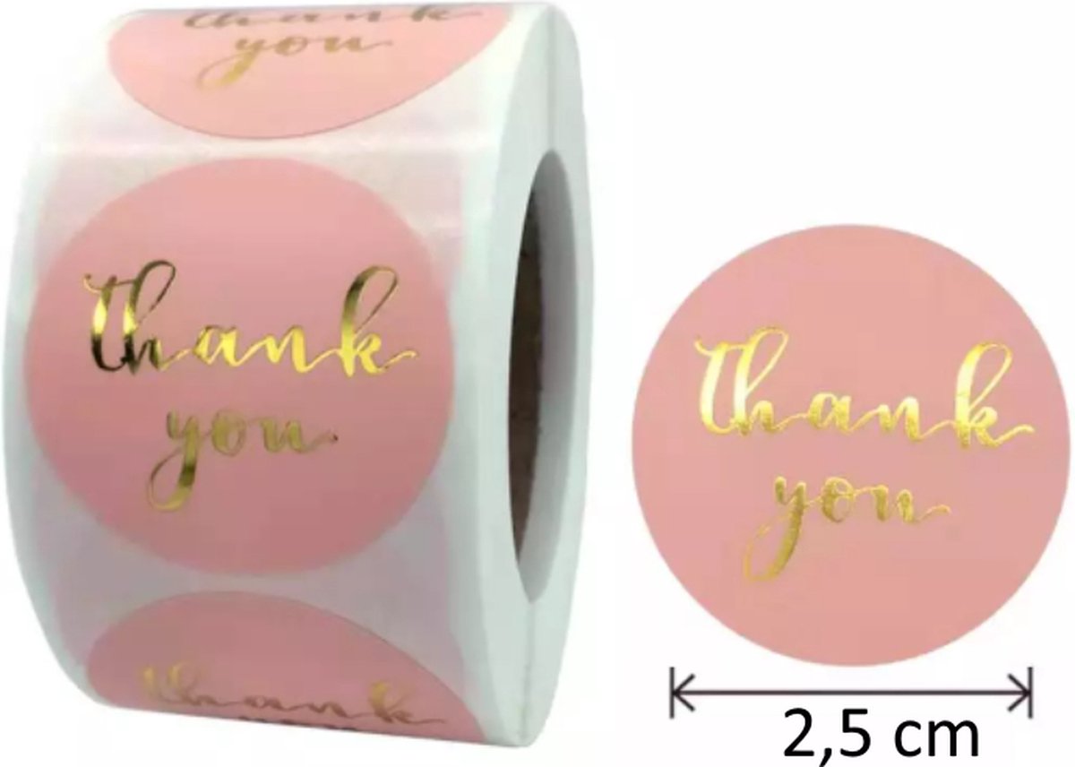 FISKA - 500 Stickers Thank You Roze / Goud Op Een Rol - 2,5cm - Stickers Thank you - Label Thank you - Bedankt Stickers - Beloningsstickers - Sluitsticker - Sluitzegel