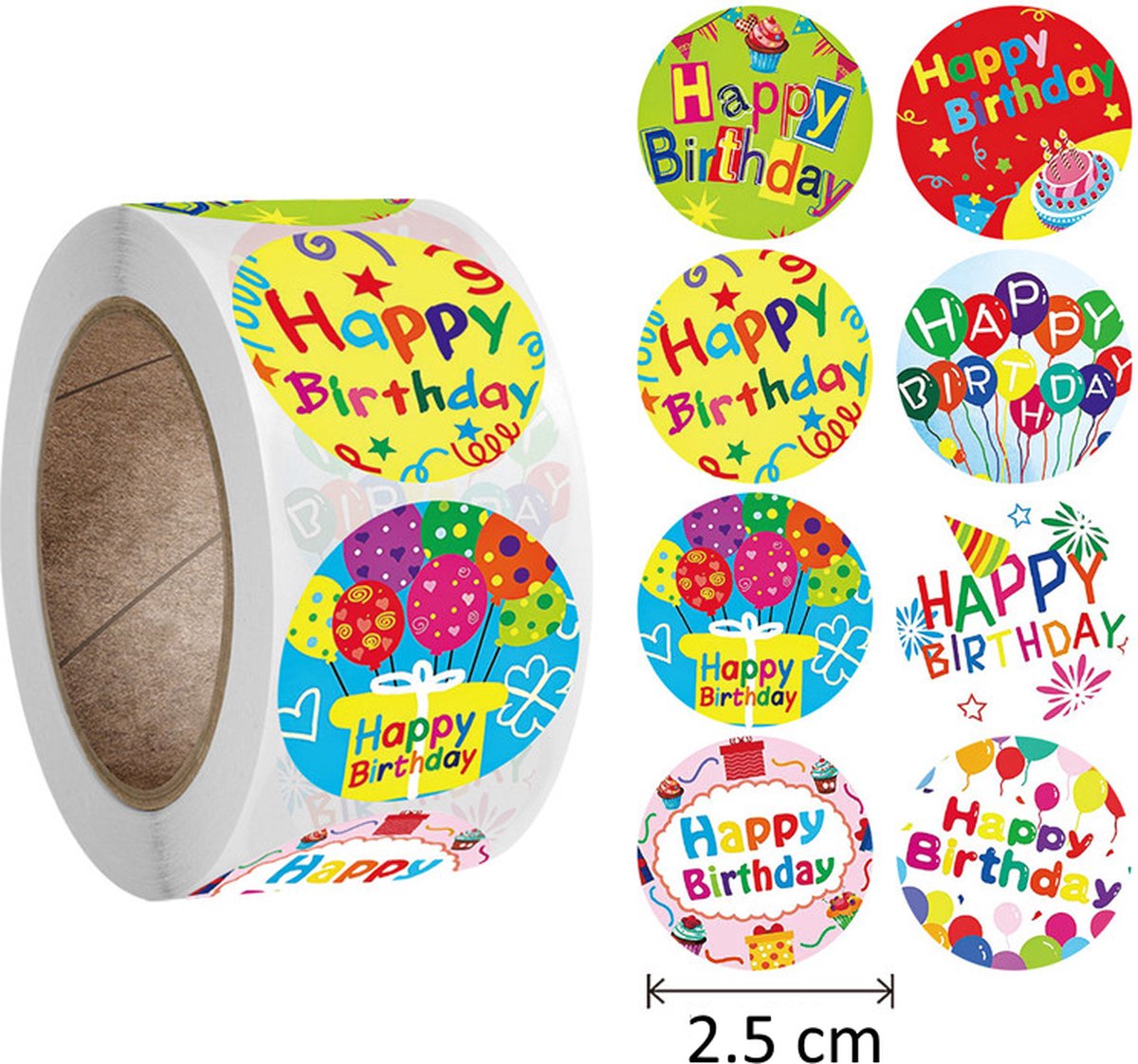 FISKA - 500 Stickers Verjaardag Op Een Rol - 2,5cm - Stickers Happy Birthday - Stickers Happy Birthday - Label Verjaardag - Label Happy Birthday - Belongingsstickers - Sluitsticker - Sluitzegel