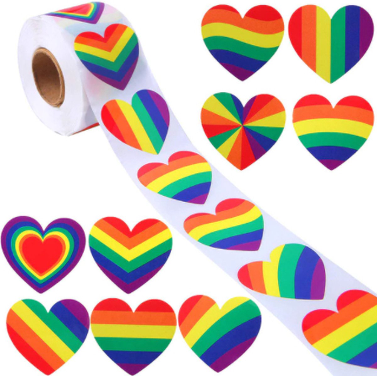 FISKA _ 500 Stickers Mix Regenboog Hart Op Een Rol - 2,5 cm - Stickers Hart - Label Hart