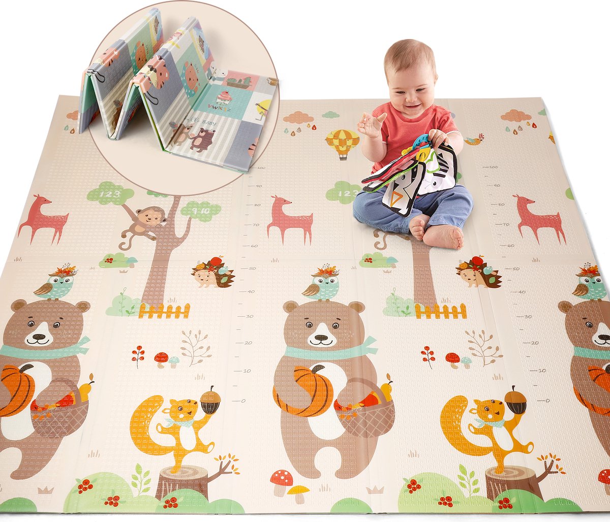 FOXSPORT Speelmat Baby Kinderen - Antislip en Waterafstotend - Kruipmat - Dubbelzijdig Speelkleed - XL - Opvouwbaar - 1,3CM Dik - Foam - Panda & Hertje - 177 x 196 CM - Inclusief Opbergtas - kampeermat