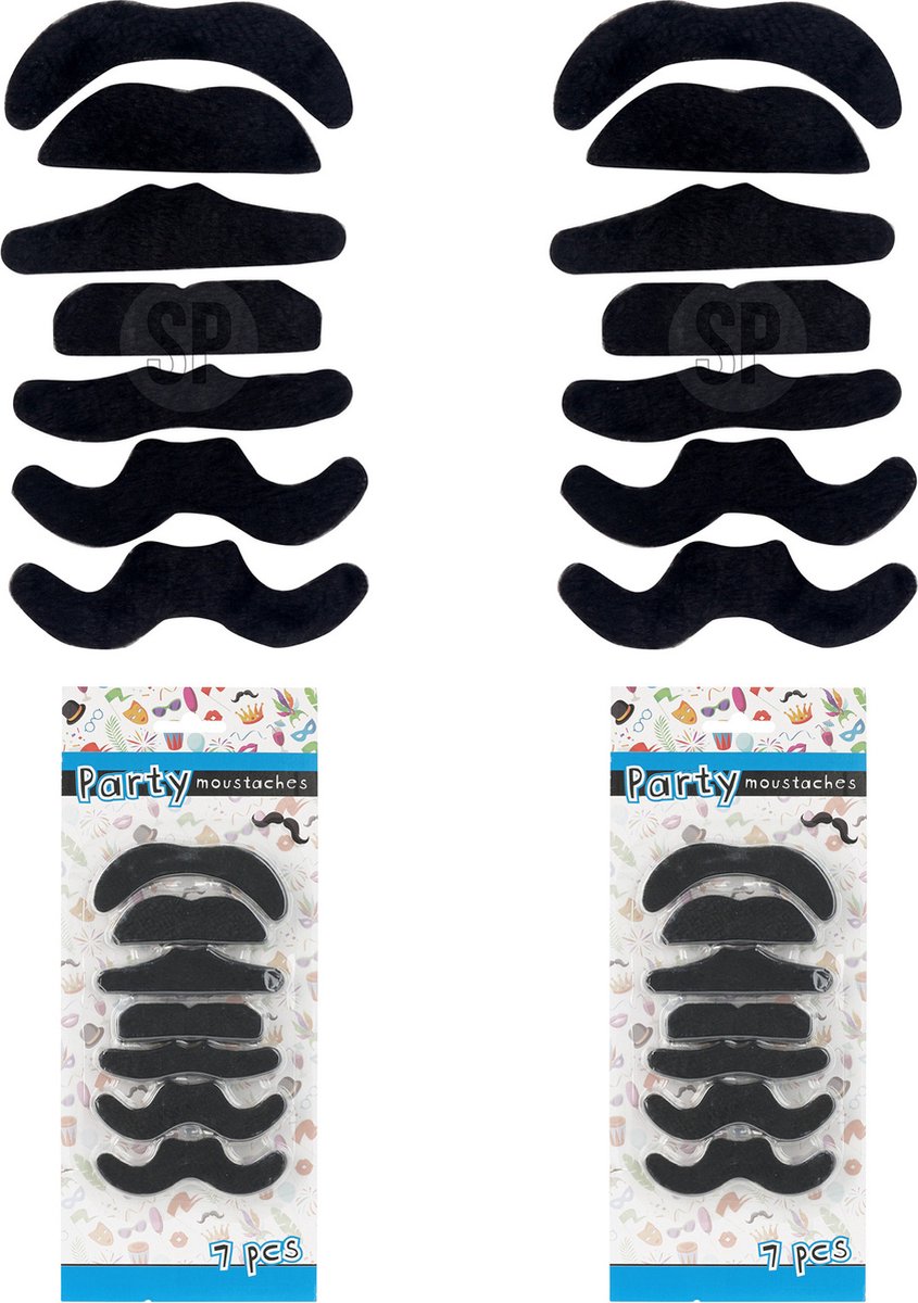 Zelfklevende plaksnorren set van 7 stuks - 2x - carnaval/verkleed accessoires - zwart - nepsnorren