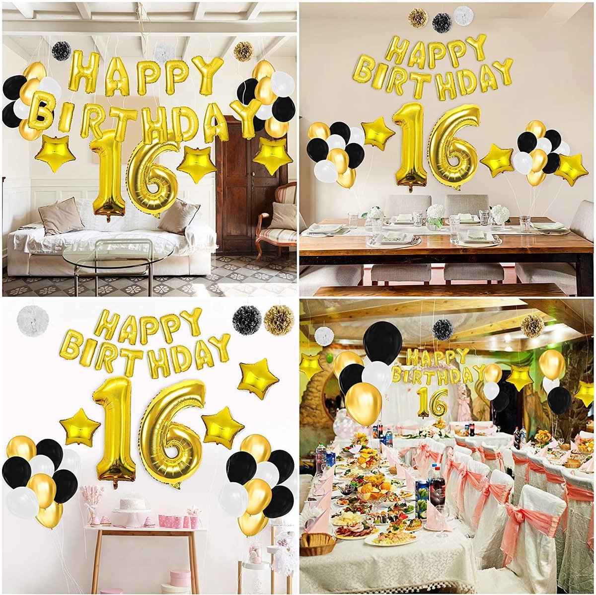 FUFU  16e Verjaardag Feest Decoraties met Ballonnen (26 Pak) – Herbruikbare Goude Folie Happy Birthday Ballon Letter Banier Set – Zwart Wit & Gouden Latex Ballonnen & Pom Pom Decoratie