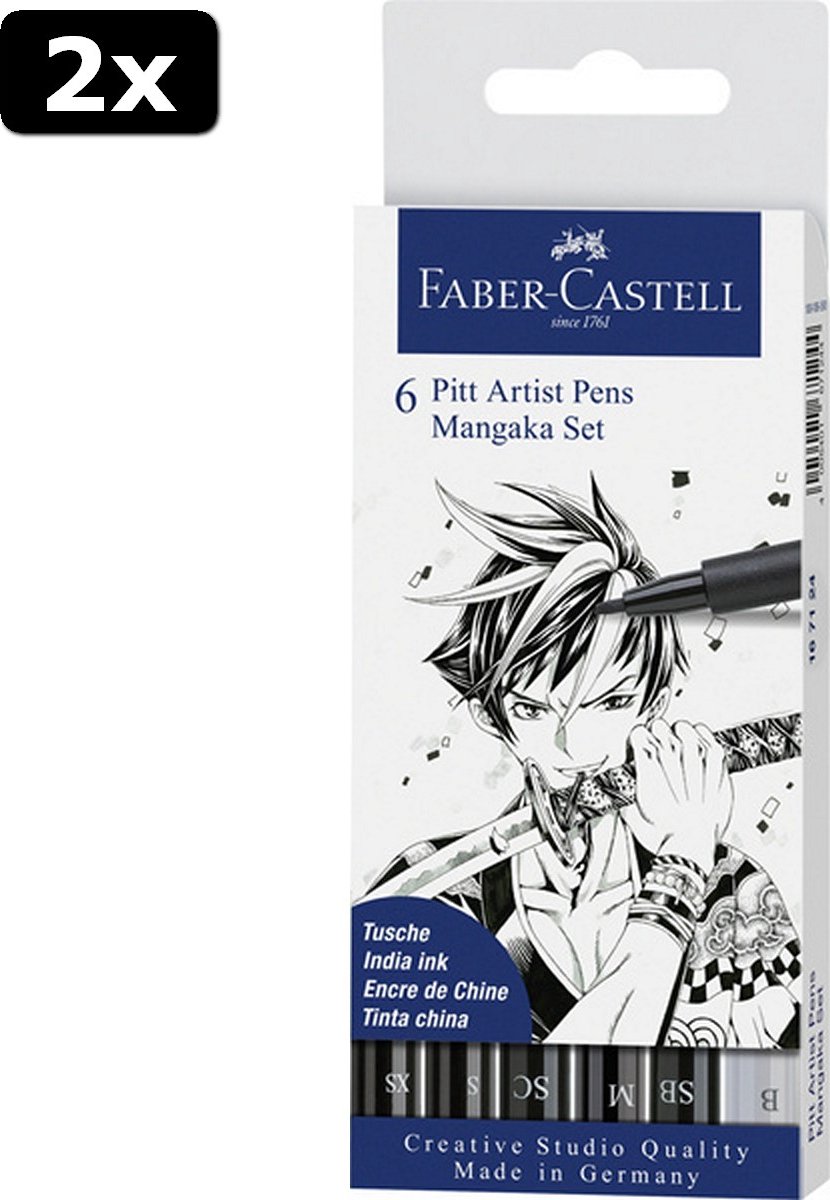 2x Faber Castell FC-167124 Tekenstift Faber-Castell Pitt Artist Pen Mangaka 6-delig Etui Zwart