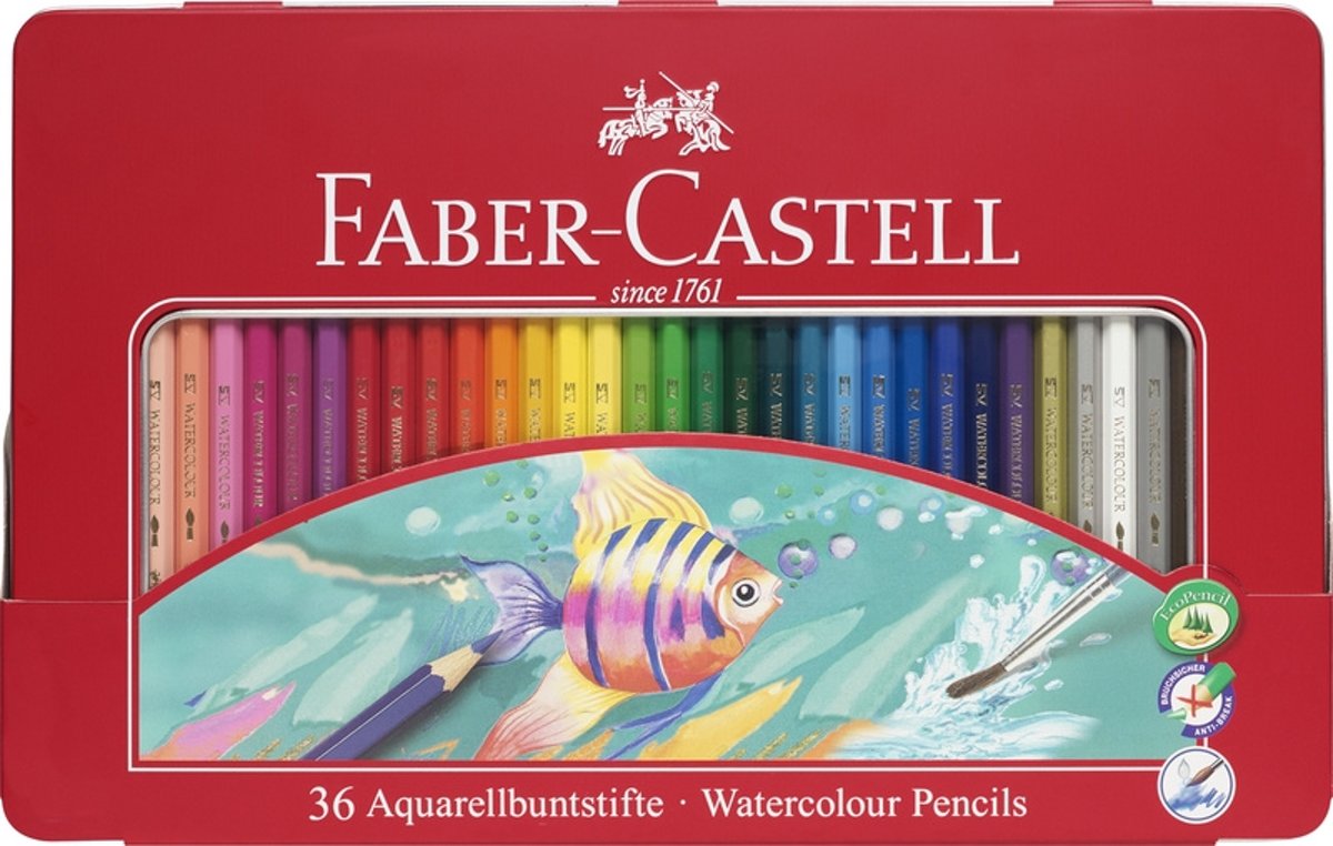 Aquarelpotlodenset Faber Castell met penseel in metalen  doos 36 stuks