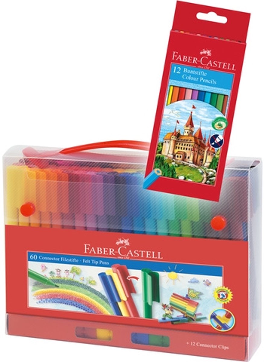 Faber-Castell Connector Viltstiften koffer 60 stuks met GRATIS doosje kleurpotloden á 12 stuks