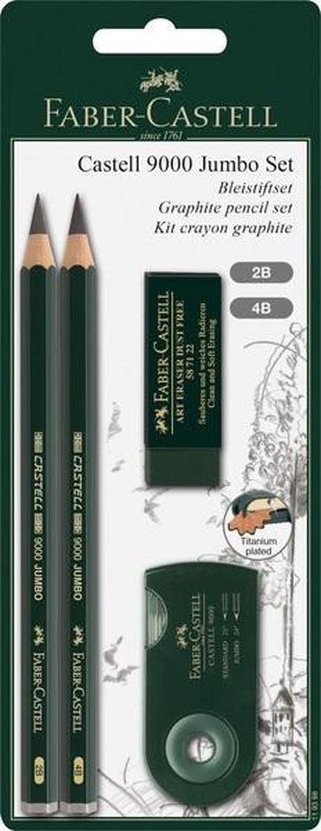 Faber Castell FC-119398 Potloodset Faber-Castell 9000 Jumbo 2B, 4B, Gum, En Sljiper