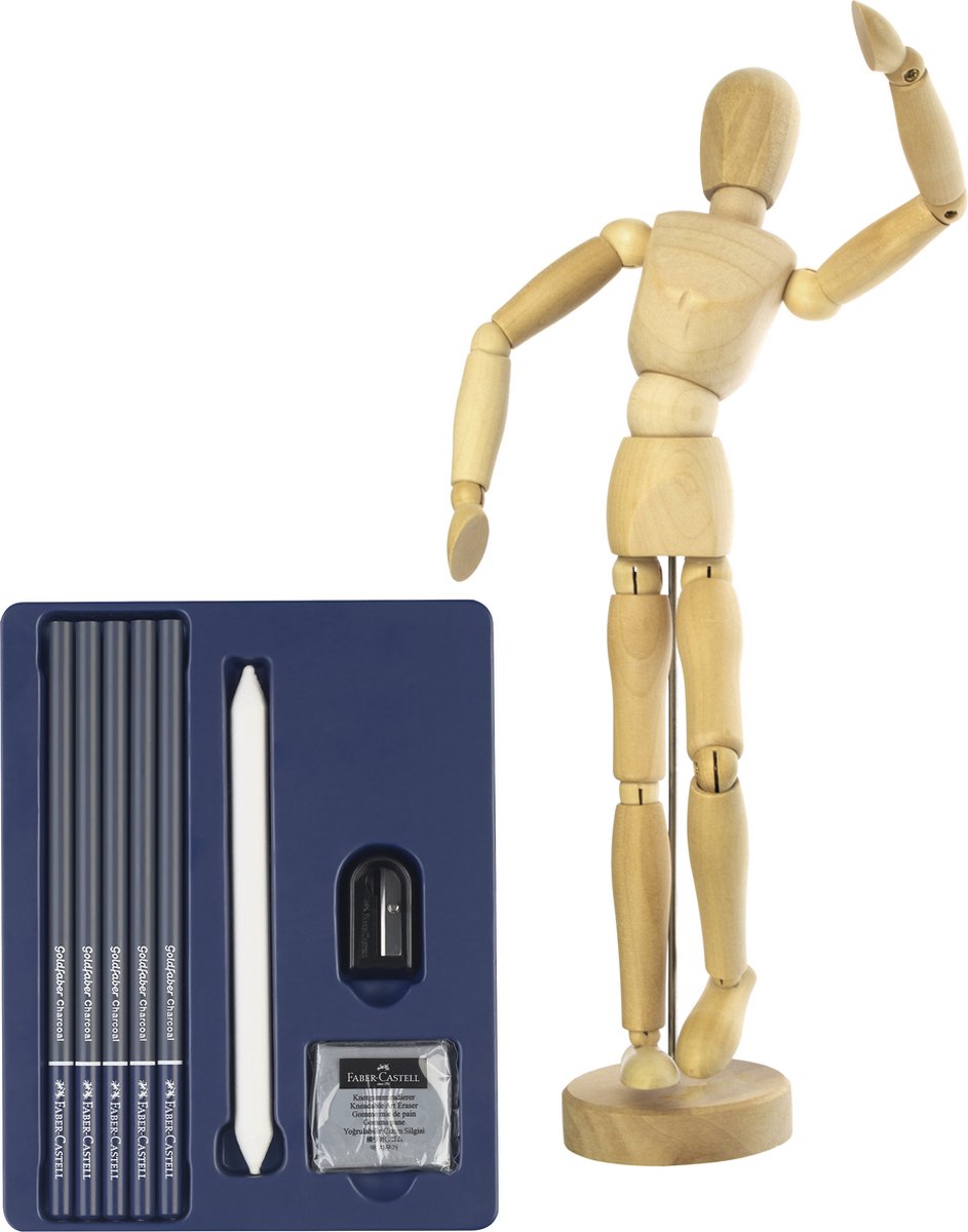   houtskoolset - 8-delig - met GRATIS houten tekenpop - WS-FC-114006