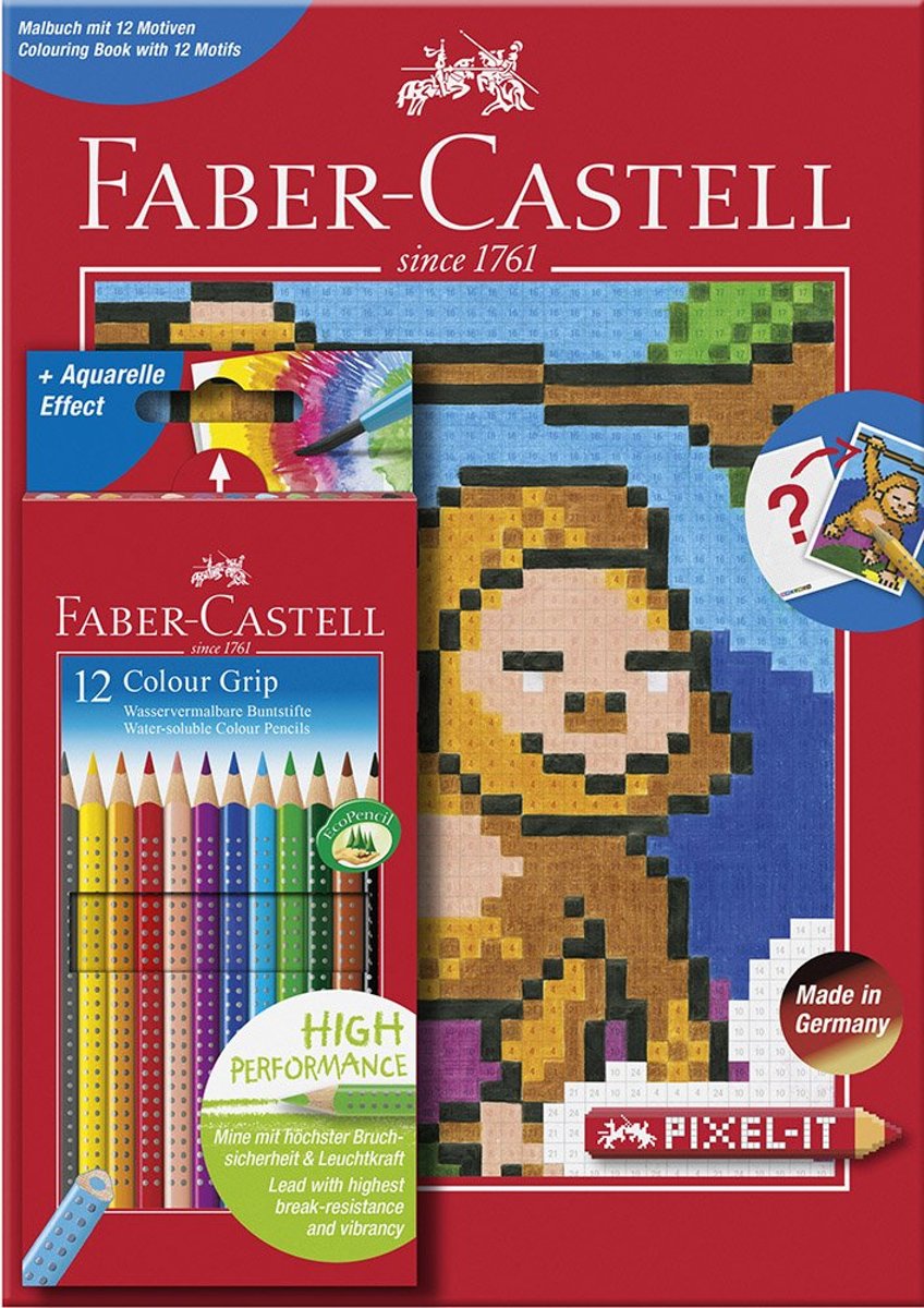 Pixel-it set Faber-Castell kleurboek met 12 motieven en 12 Grip kleurpotloden -Kleuren op nummer-