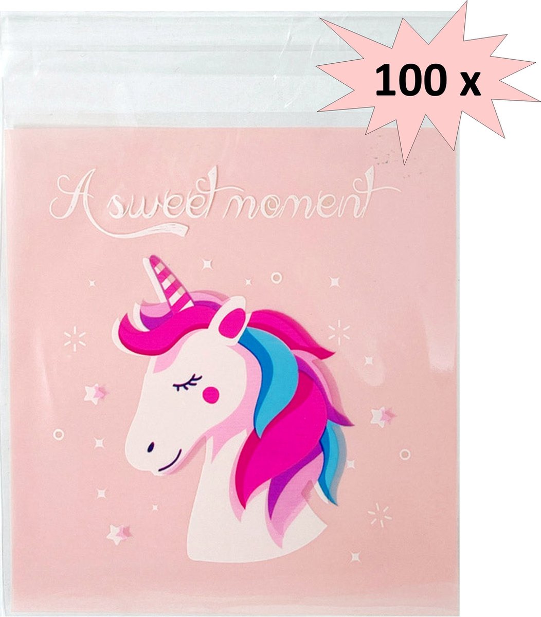 Fako Bijoux® - 100x Eenhoorn / Unicorn Uitdeelzakjes - Cellofaan Plastic Traktatie Kado Zakjes - Snoepzakjes - Kinderfeestje - Eenhoorn Print - 10x10cm - 100 Stuks