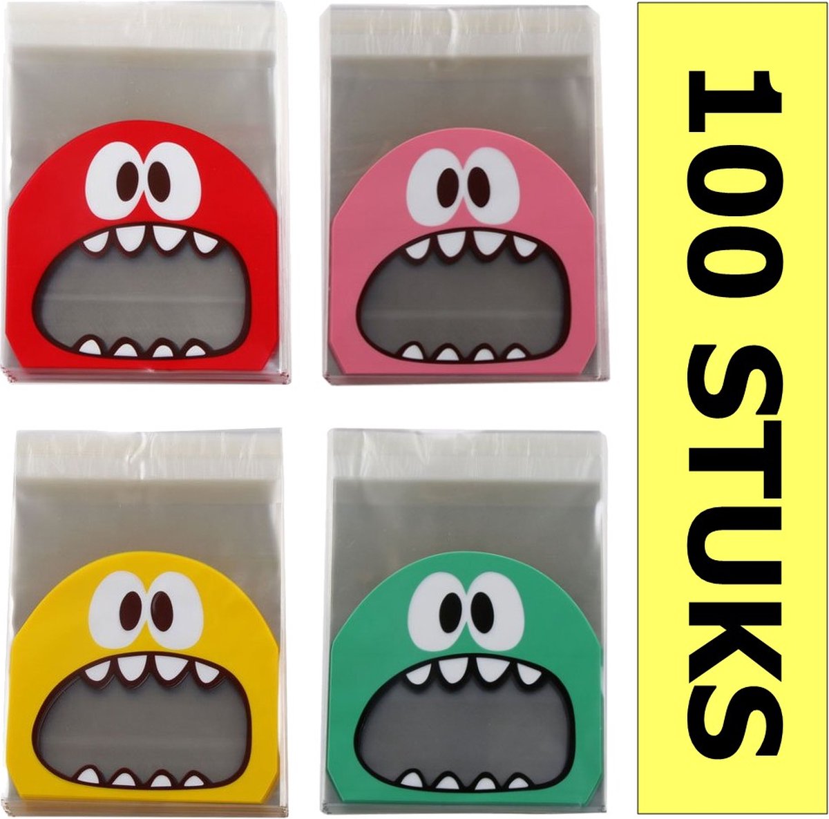 Fako Bijoux® - 100x Monster Uitdeelzakjes - Cellofaan Plastic Traktatie Kado Zakjes - Snoepzakjes - Kinderfeestje - Monster Print - 10x10cm - 4x25 Stuks - Mix