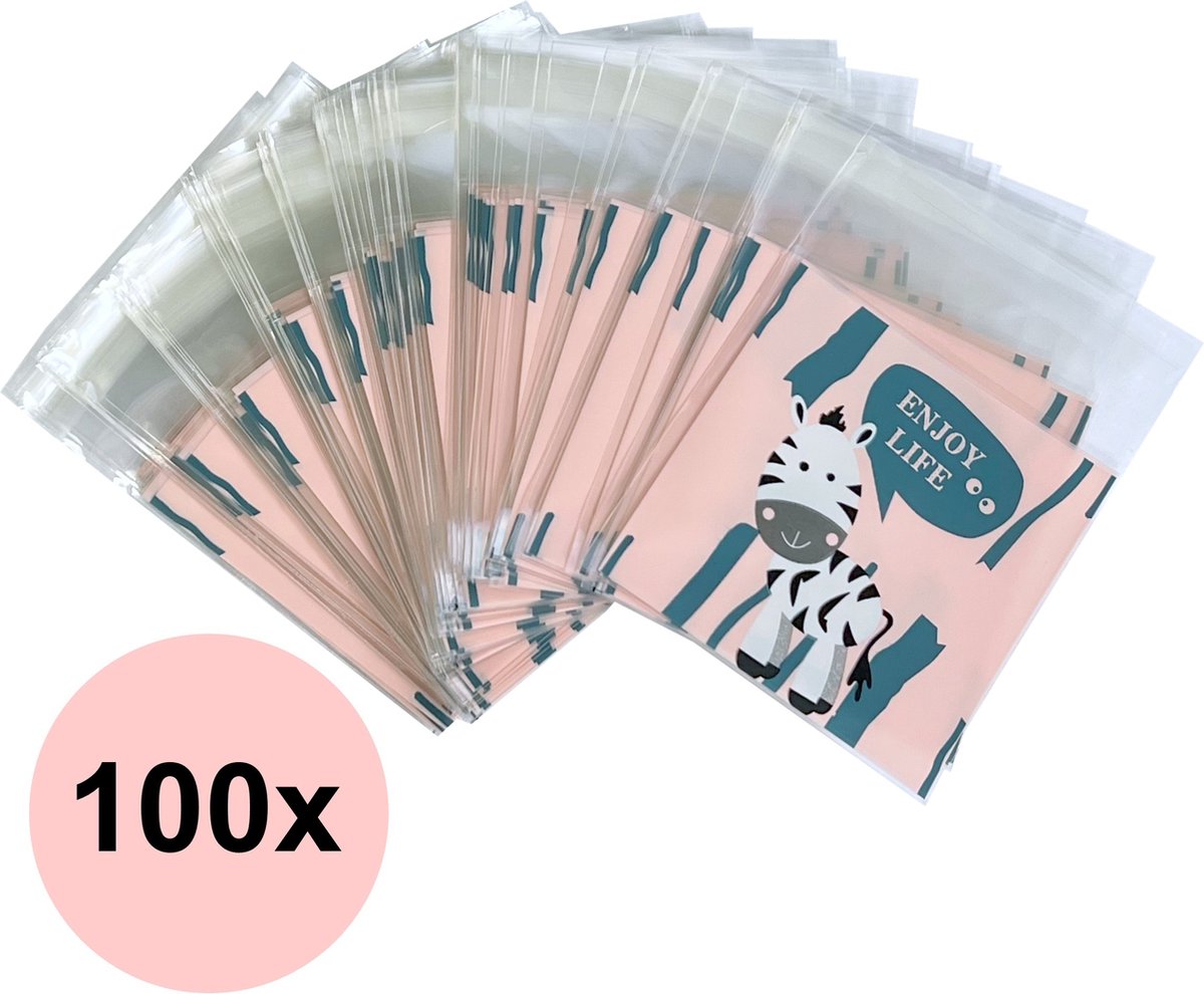 Fako Bijoux® - 100x Uitdeelzakjes - Cellofaan Plastic Traktatie Kado Zakjes - Snoepzakjes - Zebra Enjoy Life - 7x7cm