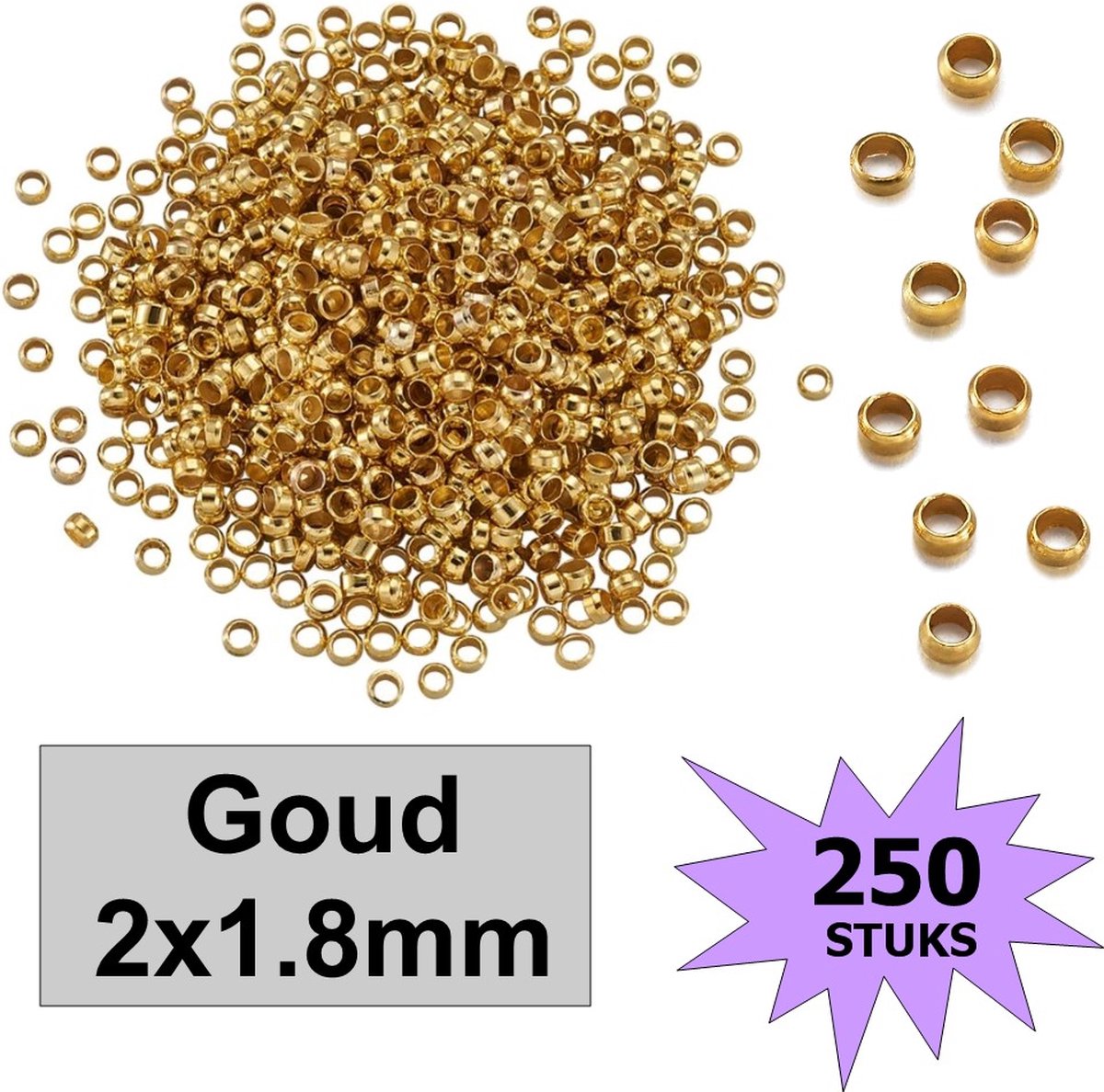 Fako Bijoux® - Knijpkralen - Crimp Beads - Metaal - 2x1.8mm - 250 Stuks - Goudkleurig