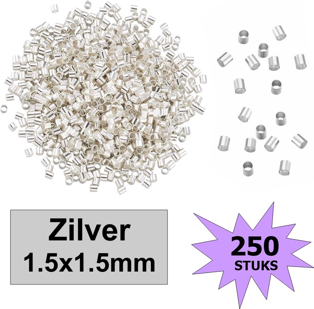   - Knijpkralen - Crimp Beads - Metaal - Tube - 1.5x1.5mm - 250 Stuks - Zilverkleurig