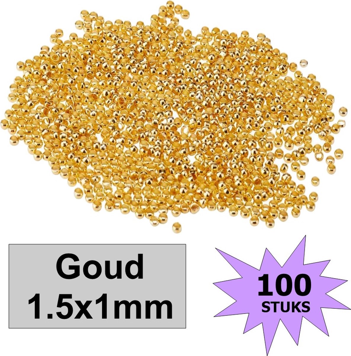   - Knijpkralen - Knijp Kralen - Crimp Beads - Metaal - 1.5x1mm - 100 Stuks - Goudkleurig