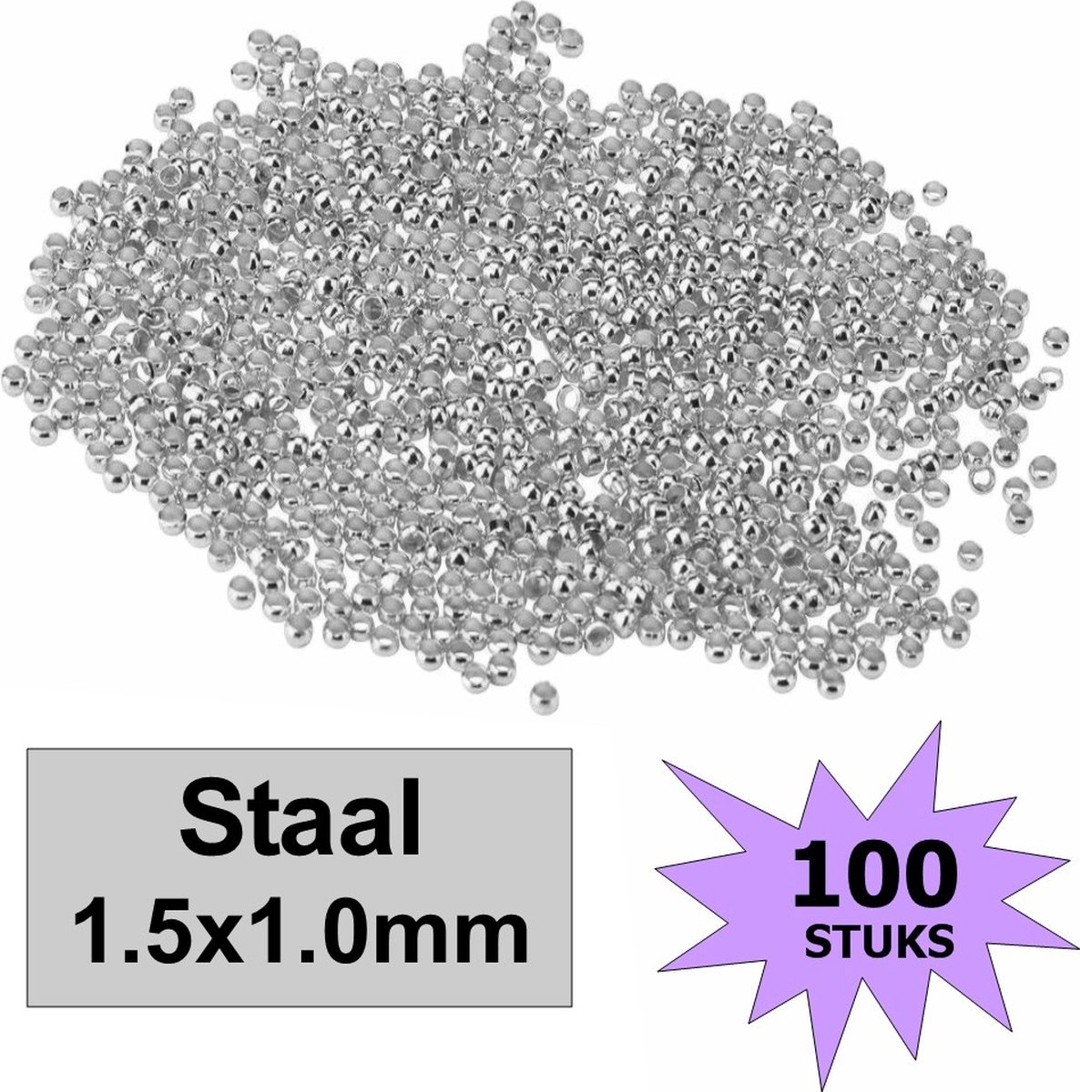   - Knijpkralen - Knijp Kralen - Crimp Beads - Metaal - 1.5x1mm - 100 Stuks - Staalkleurig